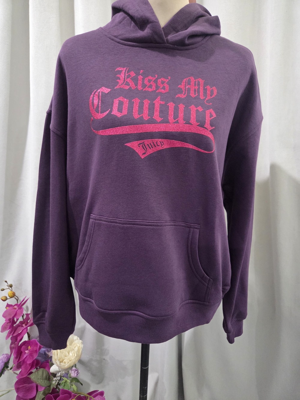 Y2K Juicy Couture Purple Hoodie with Hot Pink 'Kiss My Couture' Graphic
